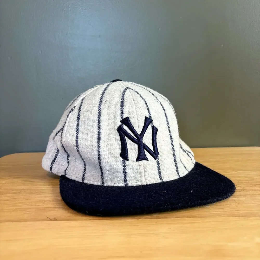 American Needle NY Yankees Cooperstown Wool Pinstripe Cream Navy Snapback Hat